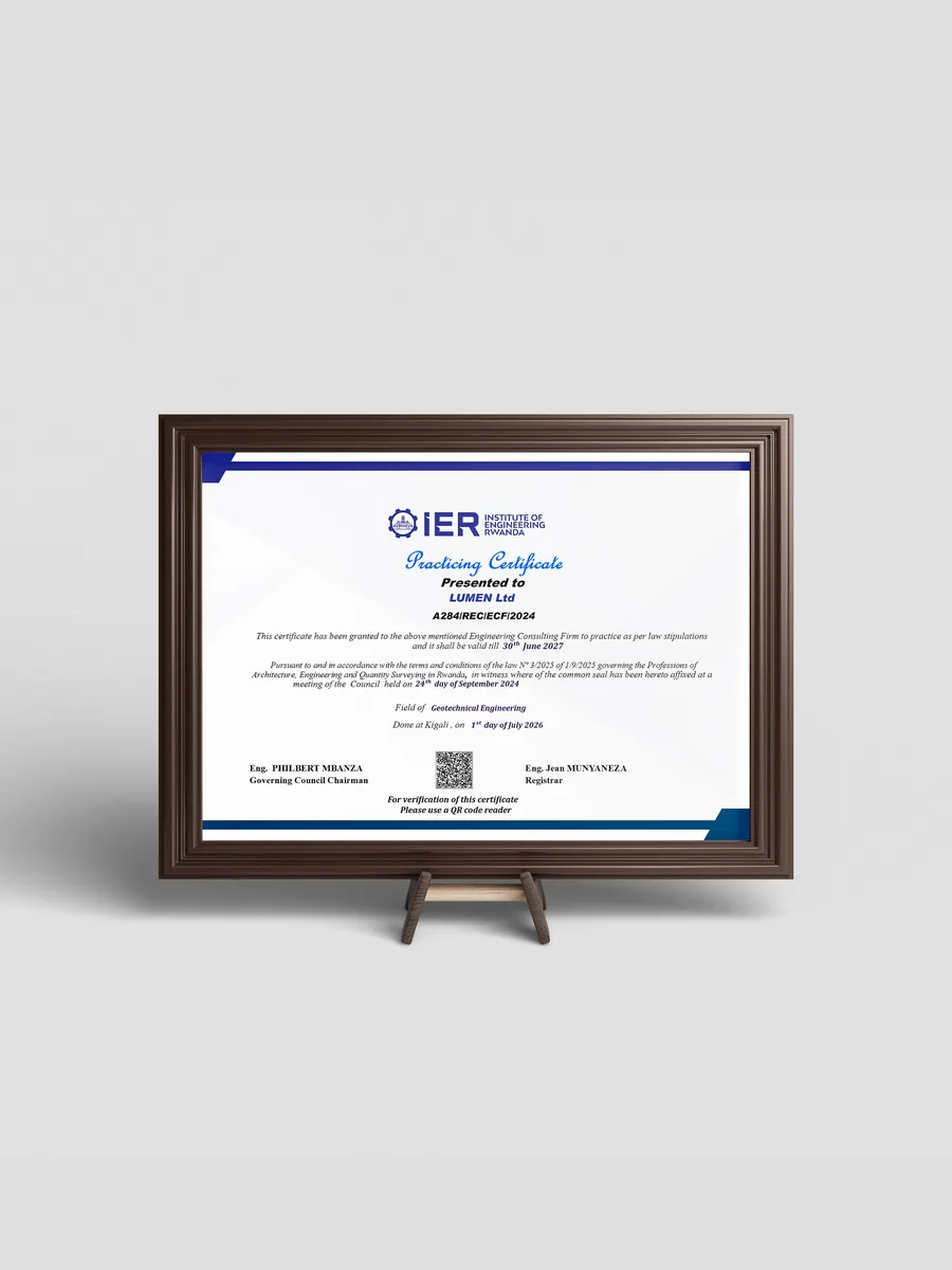 Institution of Engineers Rwanda practicing certificate for LUMEN Ltd