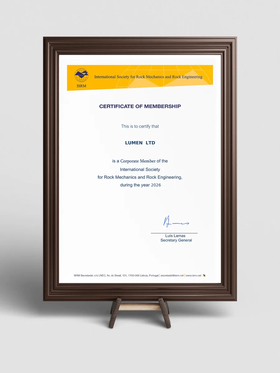 International Society for Rock Mechanics certificate of corporate membership for LUMEN Ltd