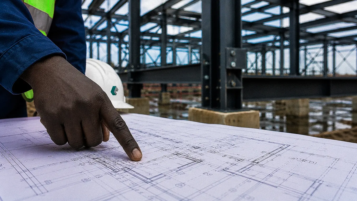 Site engineer reviewing structural drawings against the steel frame under construction