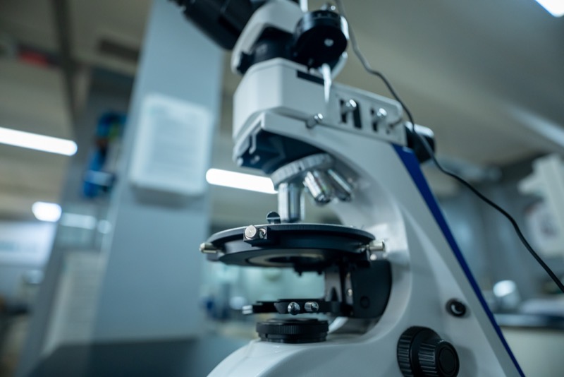 Close view of a laboratory microscope