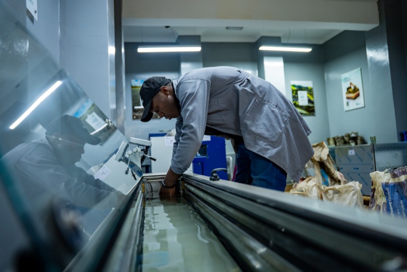Technician checking specimens in a water bath