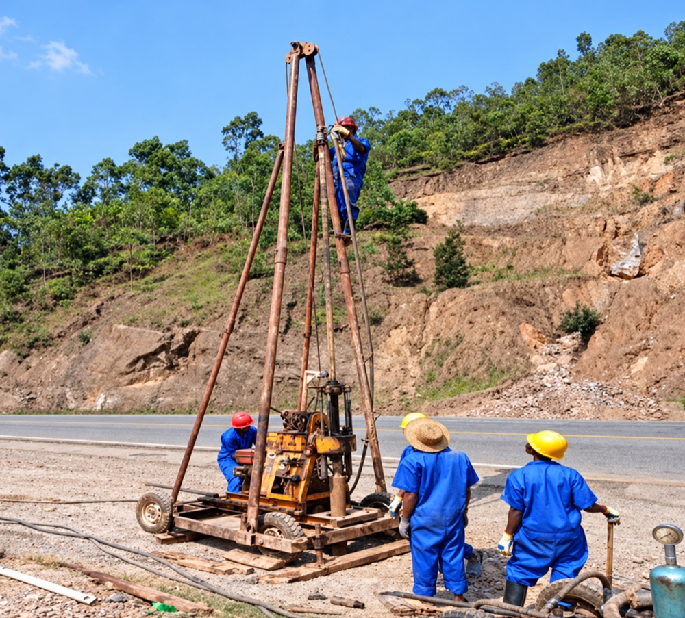LUMEN drilling team at a roadside borehole