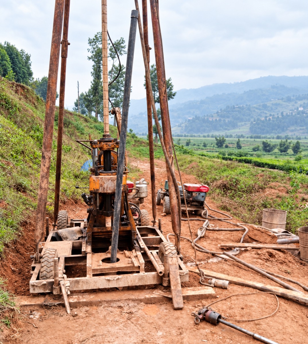 Field drilling rig set up over a borehole